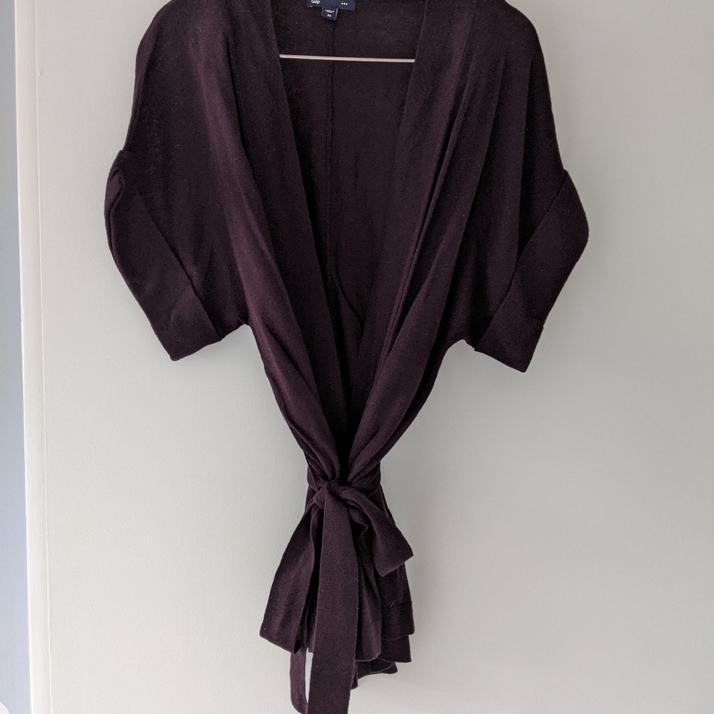 Plum colored belted sweater wrap